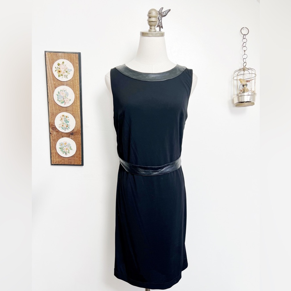 bebe NWT Black Sleeveless Lambskin Trim Sheath Dress
